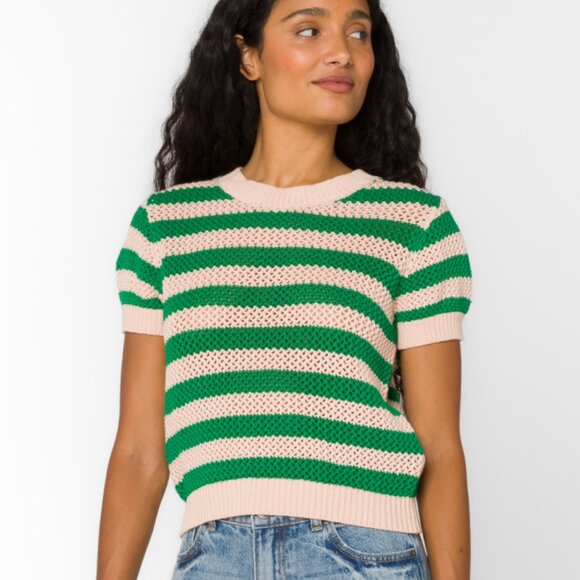Striped Open Knit Short Sleeve Sweater - Picture 1 of 6